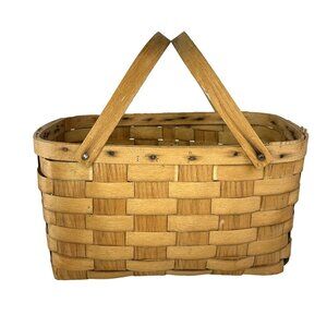 Vtg Basketville Woven Wood Picnic Basket Swing Handles Farmhouse Rustic Decor